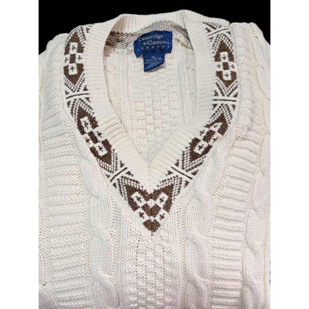 Vintage Cambridge Classics SweaterMens Cable Knit Sweater V-Neck XL Cream & Brow